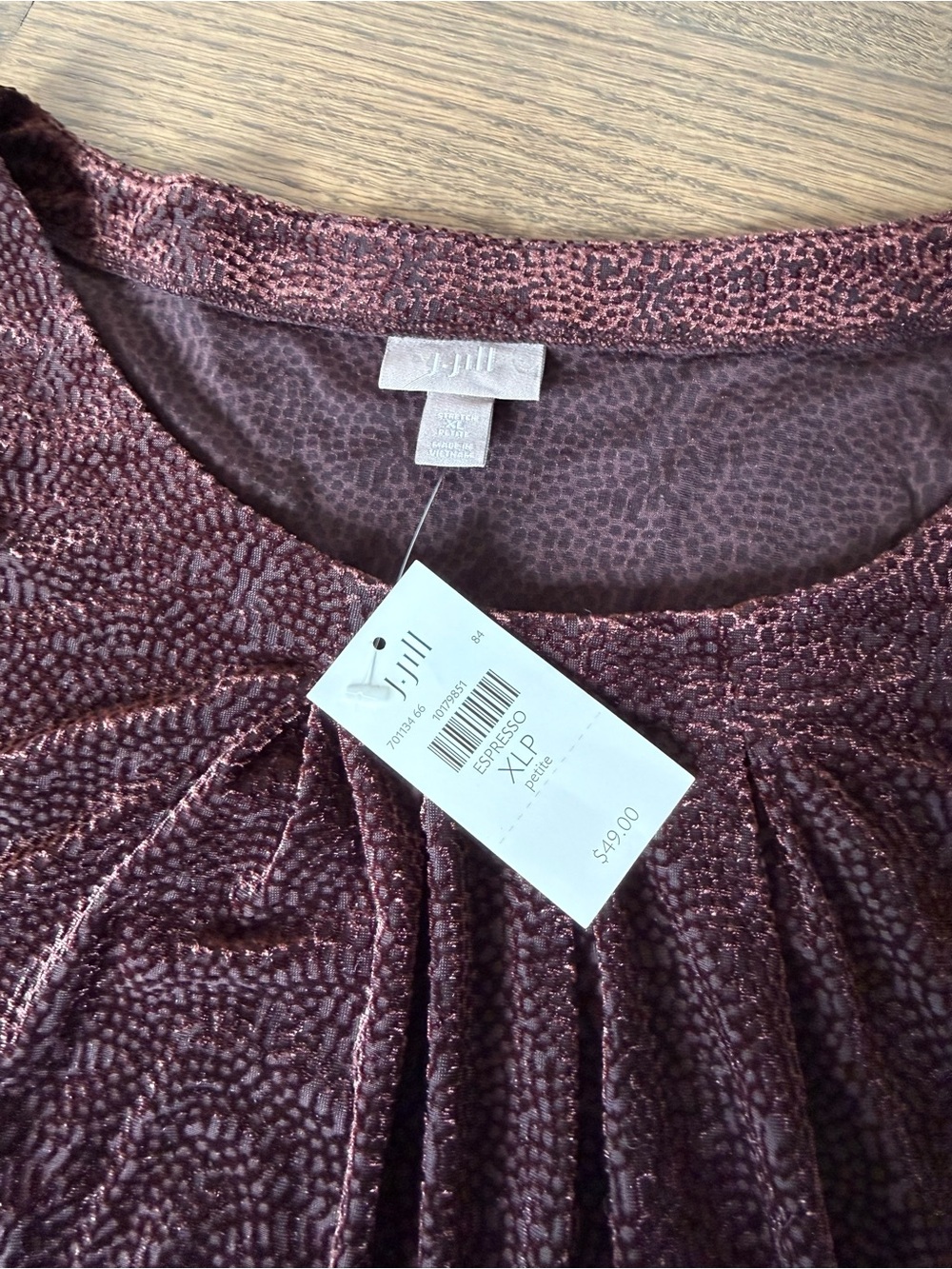NWT J. Jill Velvet Long-Sleeve Scoop Neck Top - Deep Brown - Picture 3 of 4